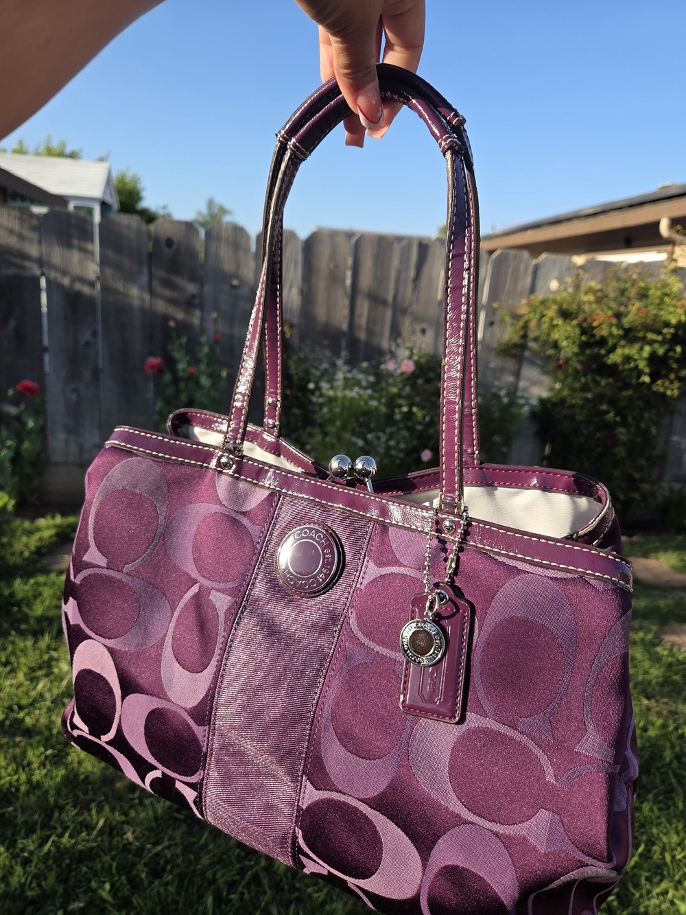 Coach Purple Kisslock Signature Tote Bag with Leather Trim